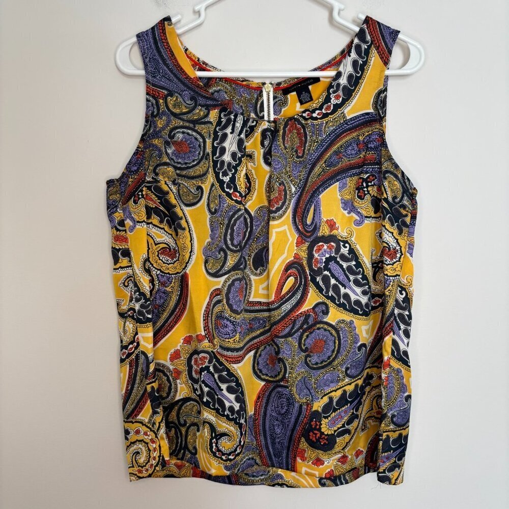 TOMMY HILFIGER Sleeveless Blouse Womens M Yellow Paisley Purple Flowy Colorful